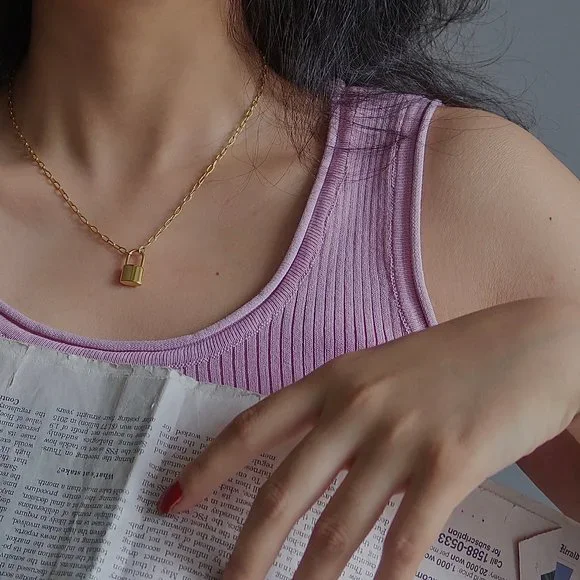 NEW 18K Gold Plated Lock Padlock Pendant Link Chain Paper Clip Necklace - Picture 6 of 6